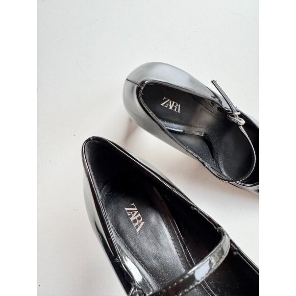 ZARA Black Faux Patent Leather Square Toe Block Heel Mary Jane Pumps, Size 37 - Picture 3 of 12